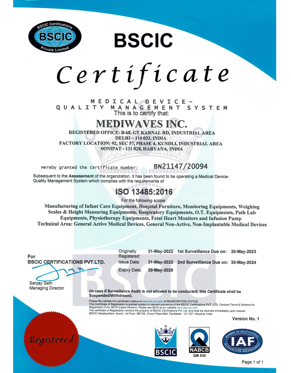 Basic Certificate ISO 13485:2016